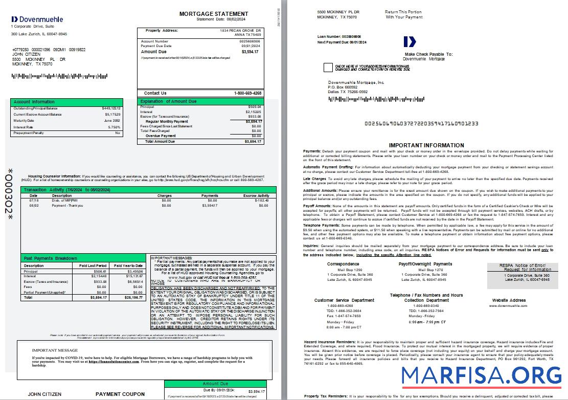 Realistic USA Dovenmuehle mortgage statement, 3 pages 1 2 scr real example